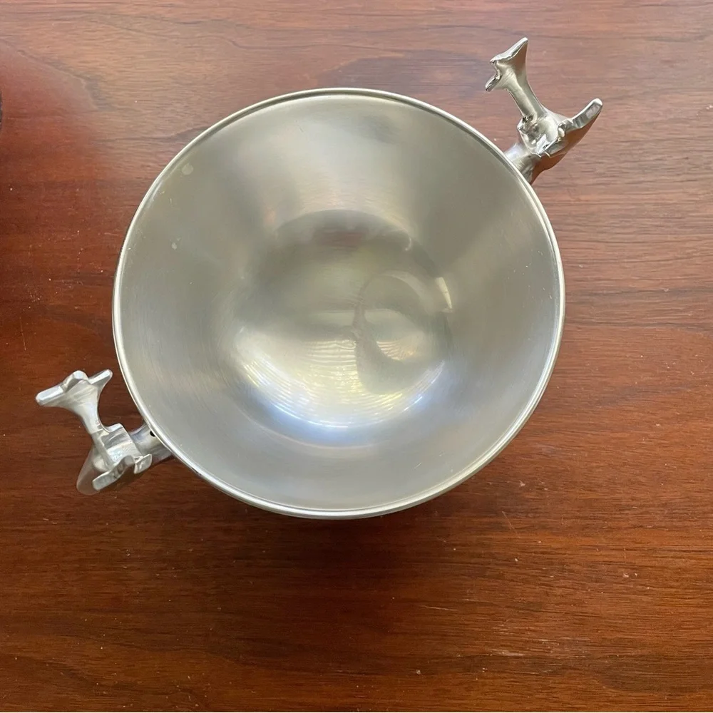 Pair of Crate&Barrel modern reindeer holiday stainless steel footed bowls, 6”